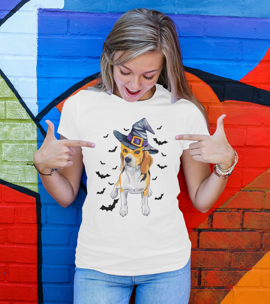 Beagle Wears Halloween Witch Hat Surrounded By Flying Bats T-Shirt