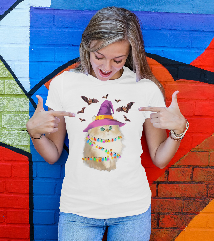 Fluffy Cat In Witch Hat With Halloween Bats And Colorful Christmas Lights T-Shirt