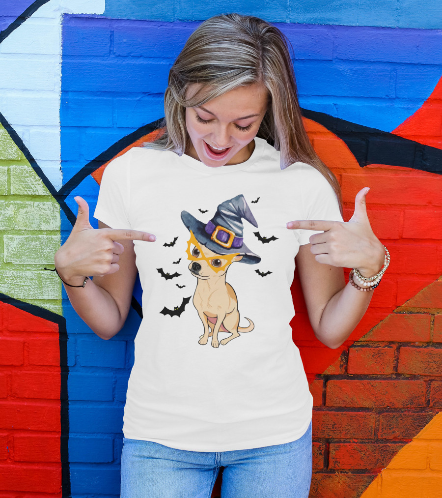 Chihuahua In Witch Hat With Halloween Bats T-Shirt