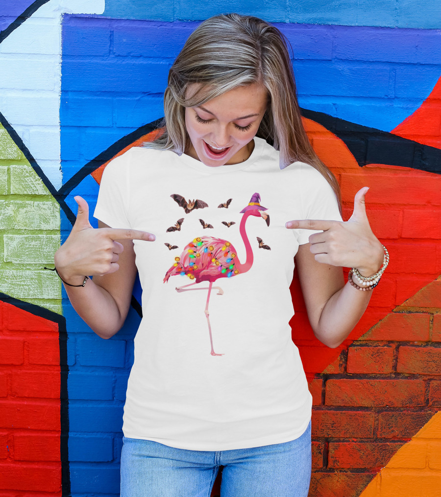 Flamingo In Witch Hat With Halloween Bats And Colorful Lights T-Shirt