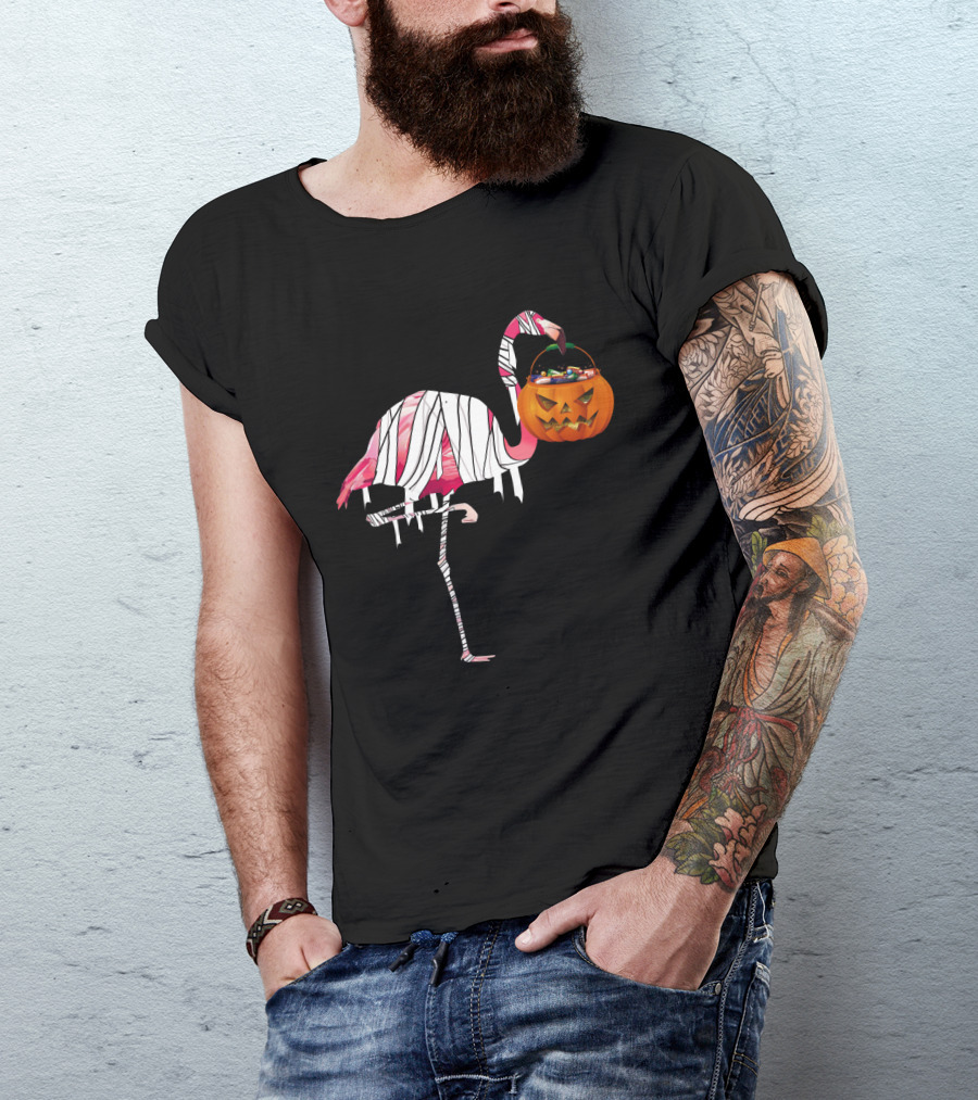 Halloween Pumpkin Mummy Flamingo Holding Candy Jack-o'-Lantern T-Shirt