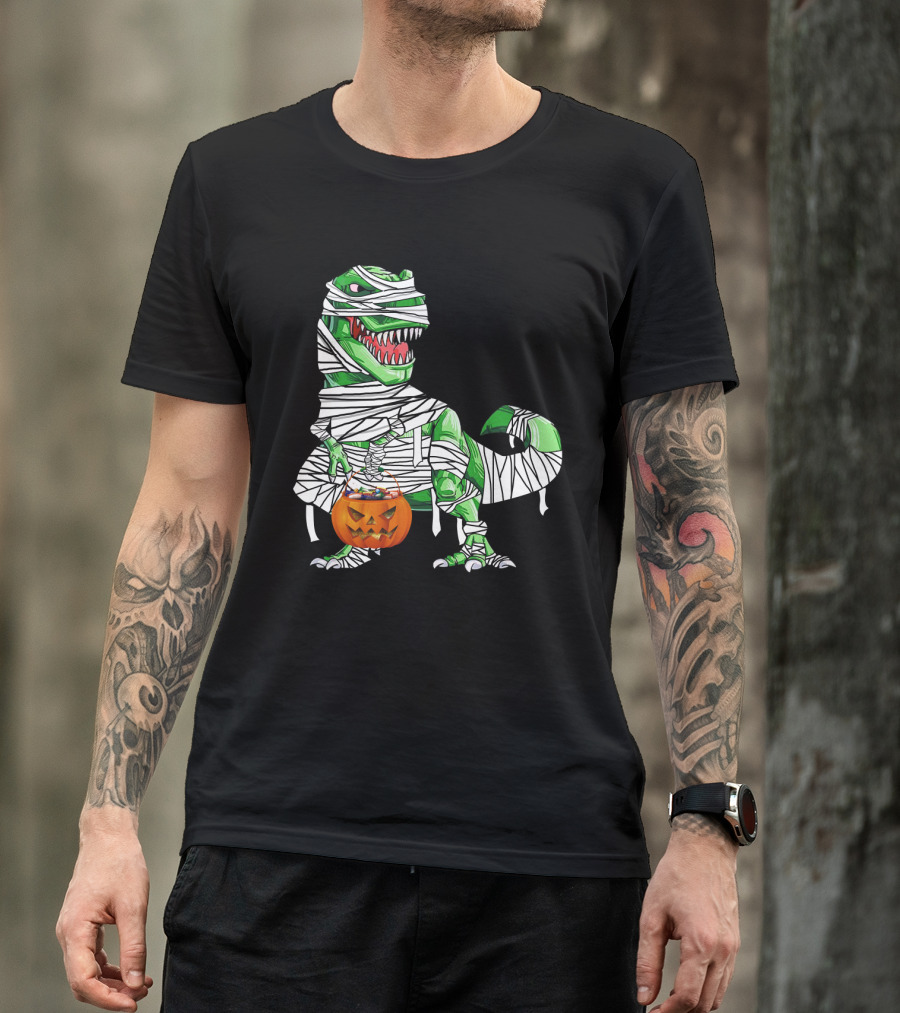 Halloween Pumpkin Mummy Dinosaur With Candy Bucket T-Shirt