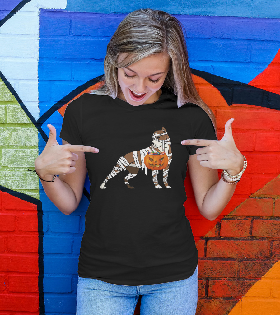 Halloween Mummy Wrapped Pitbull With Jack-O'-Lantern Pumpkin Basket T-Shirt