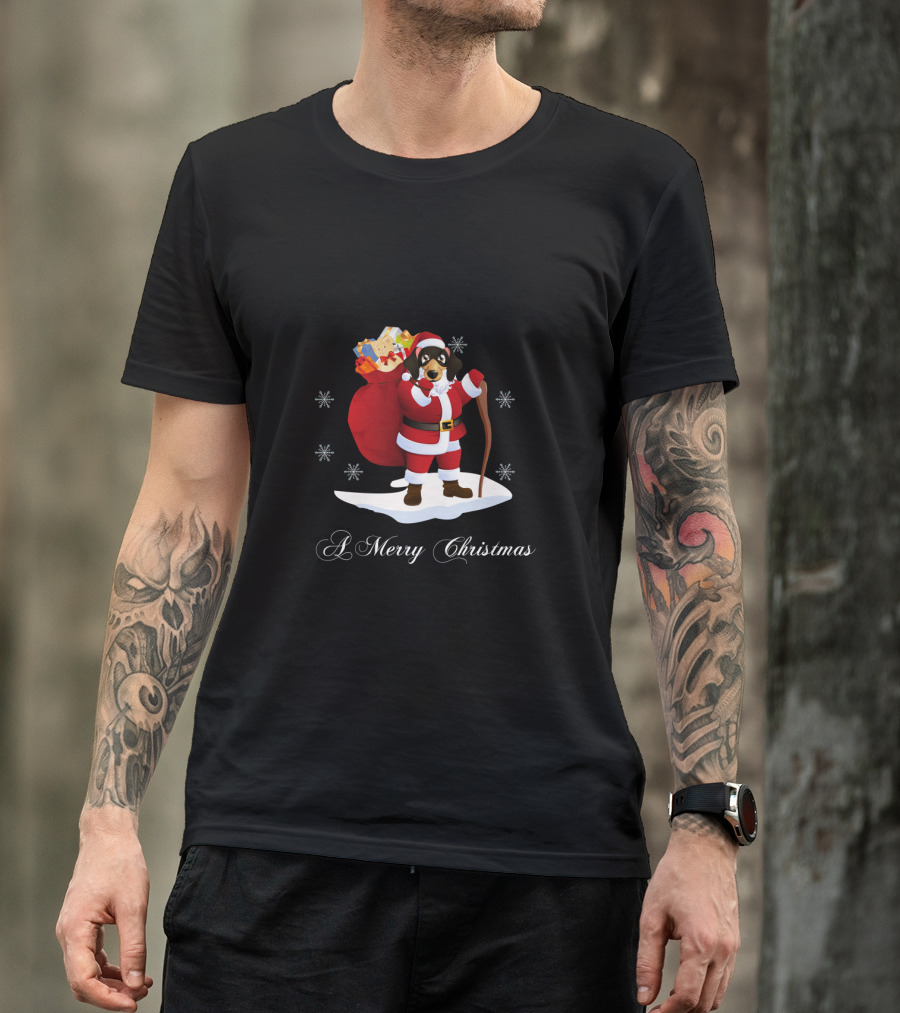 Santa Dachshund With Gifts And Snowflakes For A Merry Christmas T-Shirt