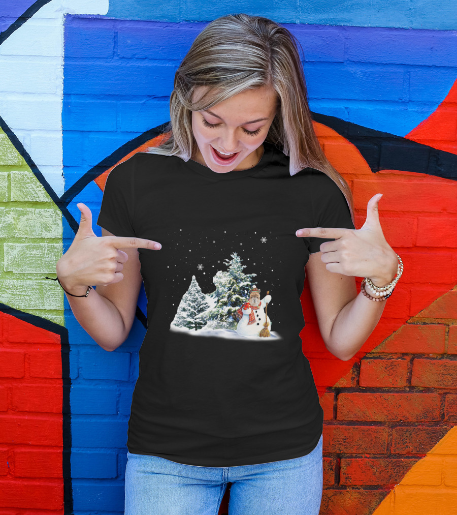 Alpaca Snowman In Winter Forest With Falling Snowflakes T-Shirt