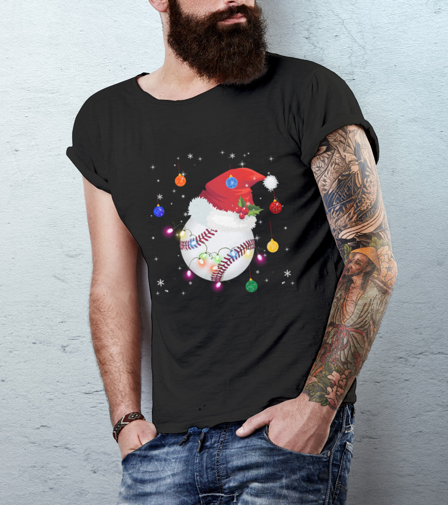 Santa Hat Baseball Christmas Ornaments Holiday Lights Snowflakes T-Shirt