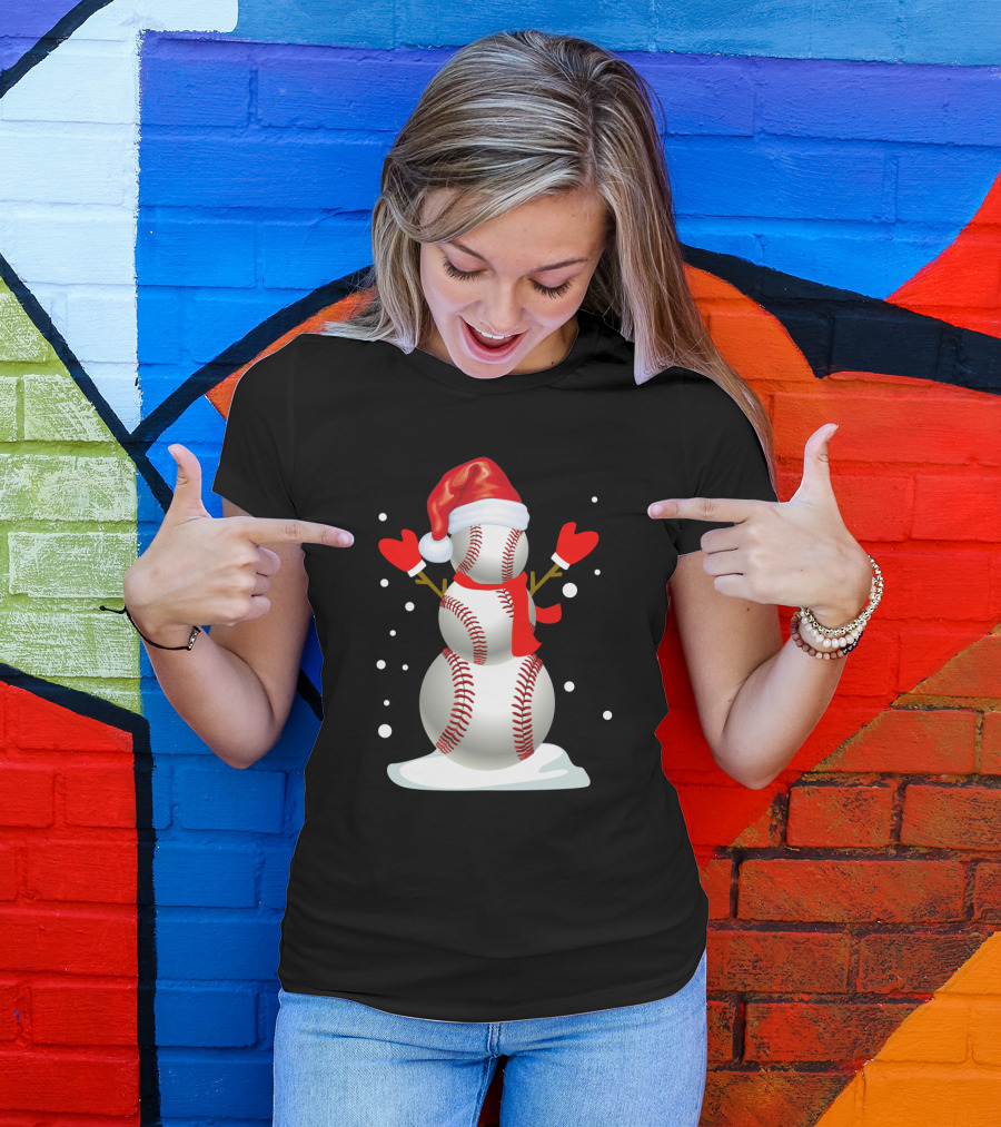 Baseball-Themed Snowman With Santa Hat And Mittens Winter Holiday T-Shirt