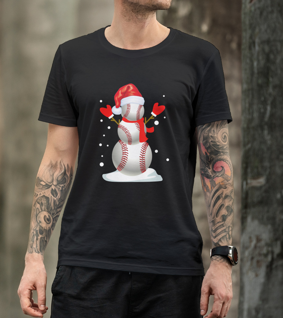 Baseball-Themed Snowman With Santa Hat And Mittens Winter Holiday T-Shirt