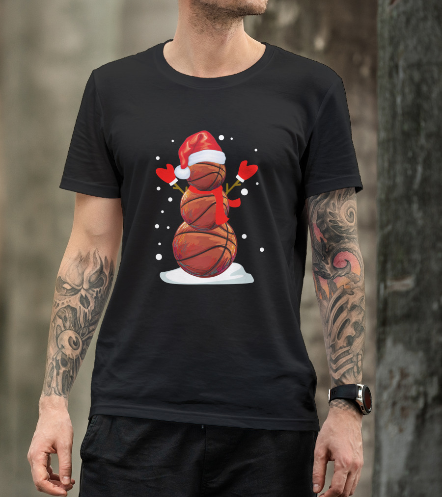 Basketball Snowman With Santa Hat And Red Mittens T-Shirt