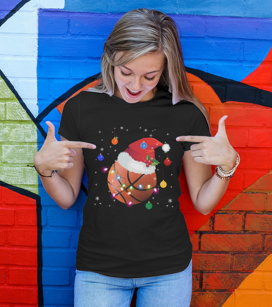 Santa Hat Basketball With Christmas Lights And Ornaments T-Shirt