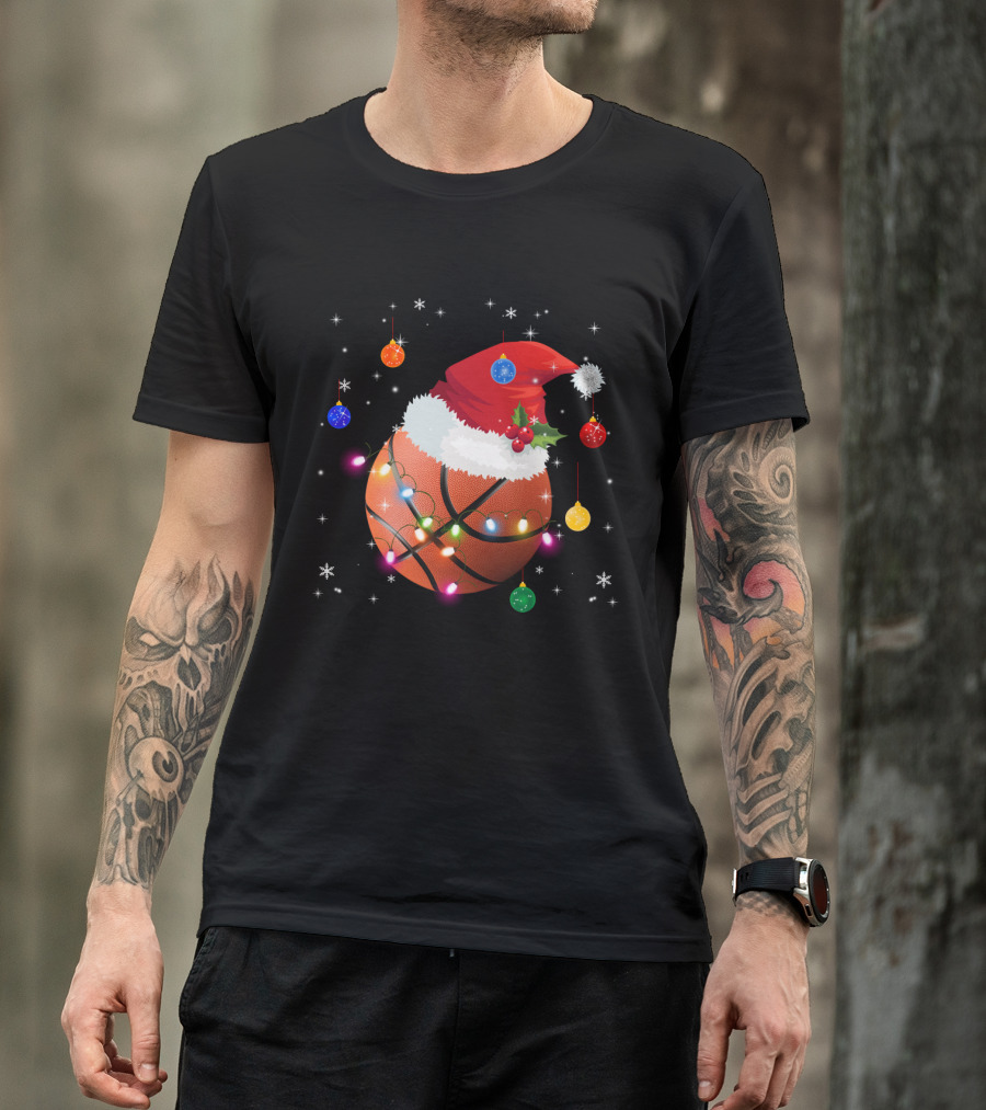 Santa Hat Basketball With Christmas Lights And Ornaments T-Shirt