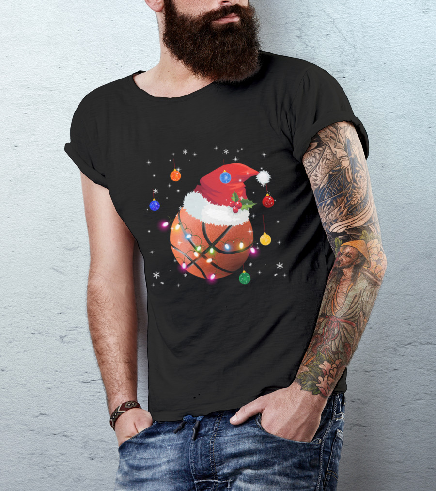 Santa Hat Basketball With Christmas Lights And Ornaments T-Shirt