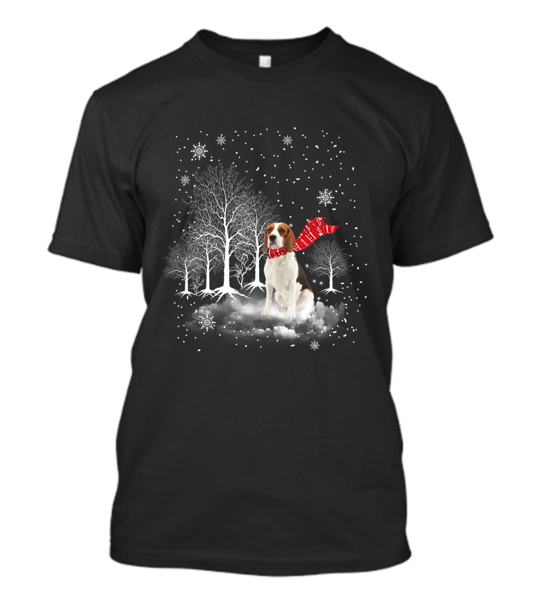 Basset Hound Winter Wonderland Snowy Trees Red Scarf T-Shirt