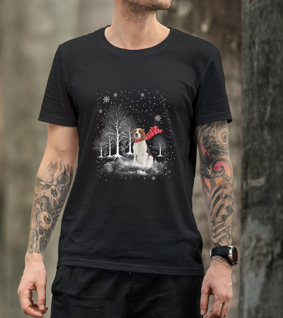 Basset Hound Winter Wonderland Snowy Trees Red Scarf T-Shirt
