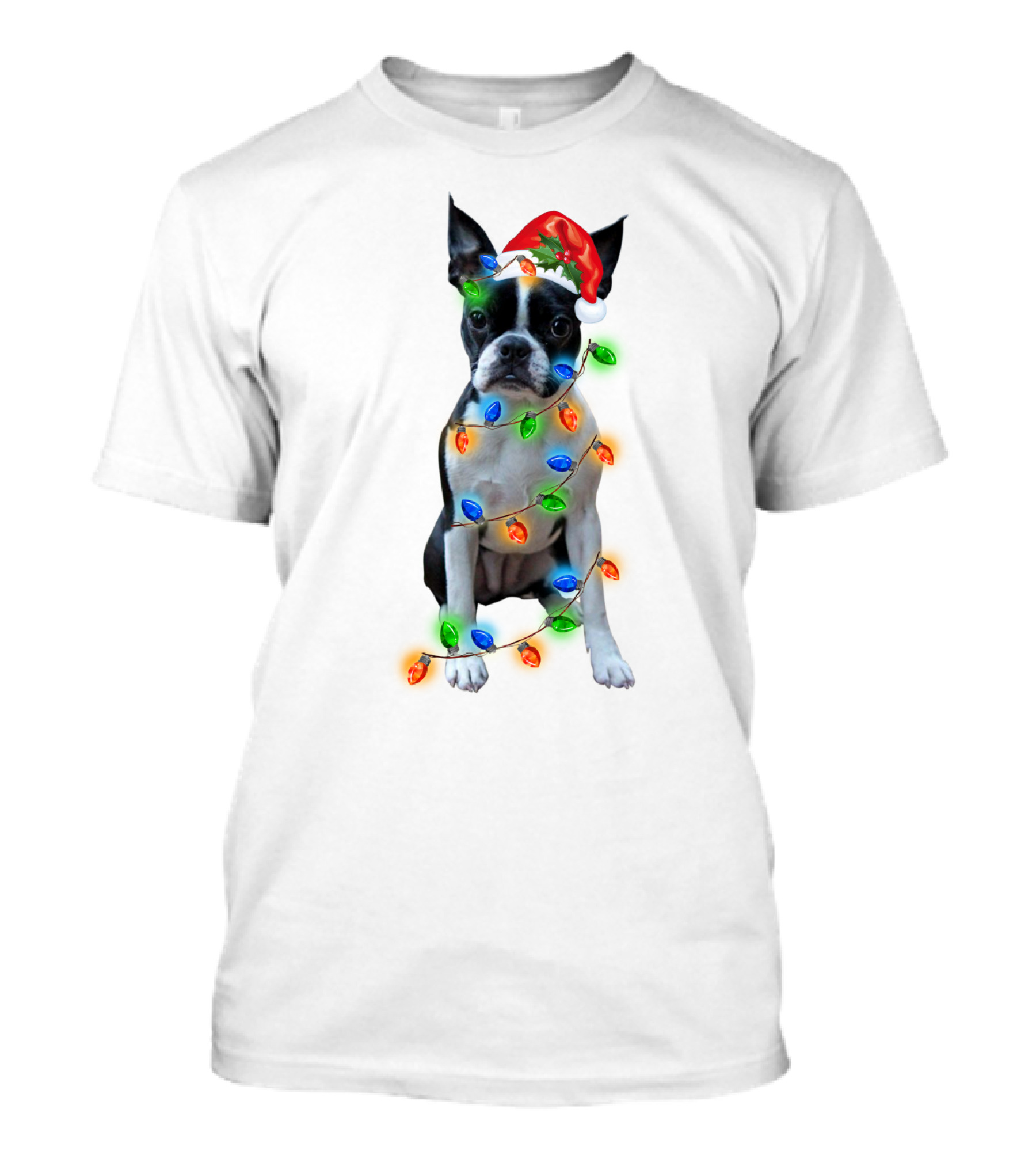 Boston Terrier With Christmas Lights And Santa Hat T-Shirt