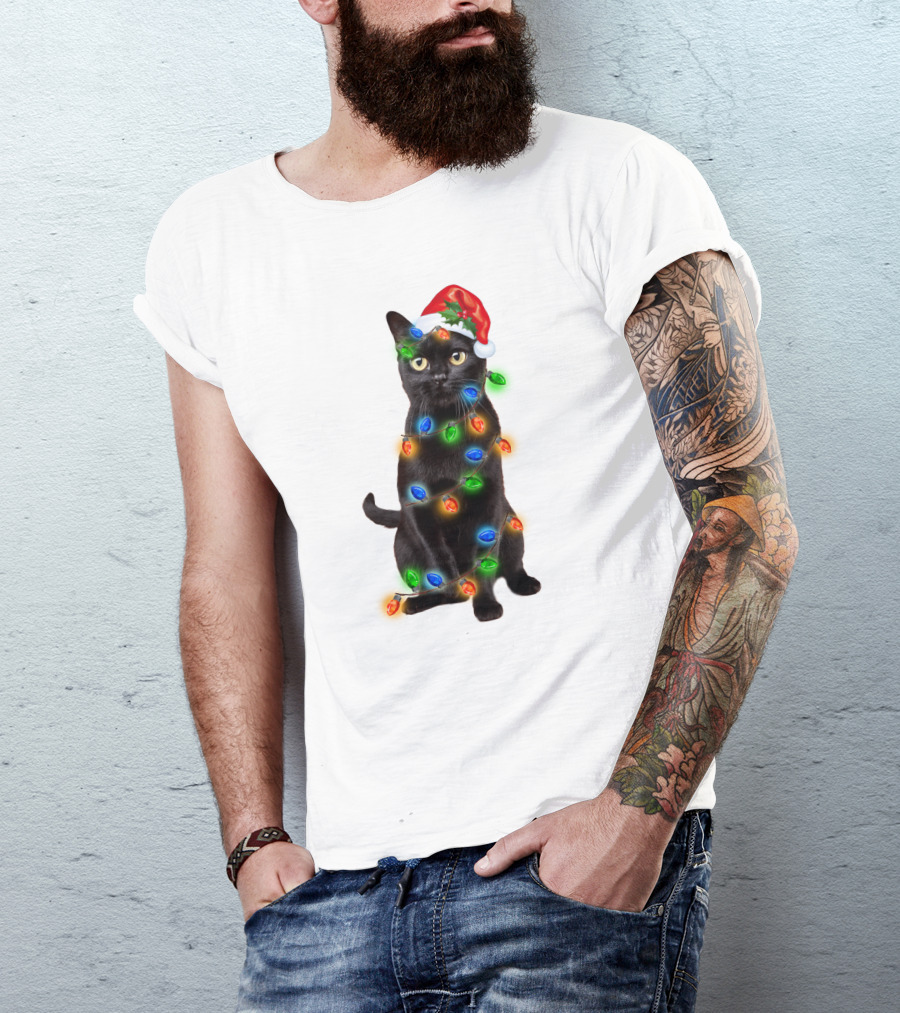 Santa Hat Black Cat Wrapped In Colorful Christmas Lights T-Shirt