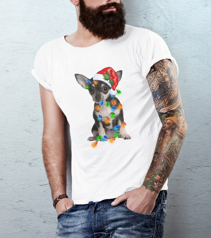 Black Chihuahua Wearing Santa Hat Wrapped In Colorful Christmas Lights T-Shirt
