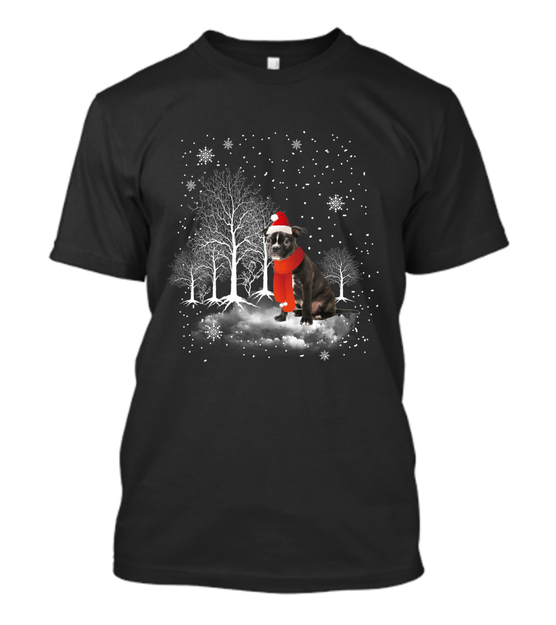 Boston Terrier In Snowy Winter Wonderland With Santa Hat And Scarf T-Shirt