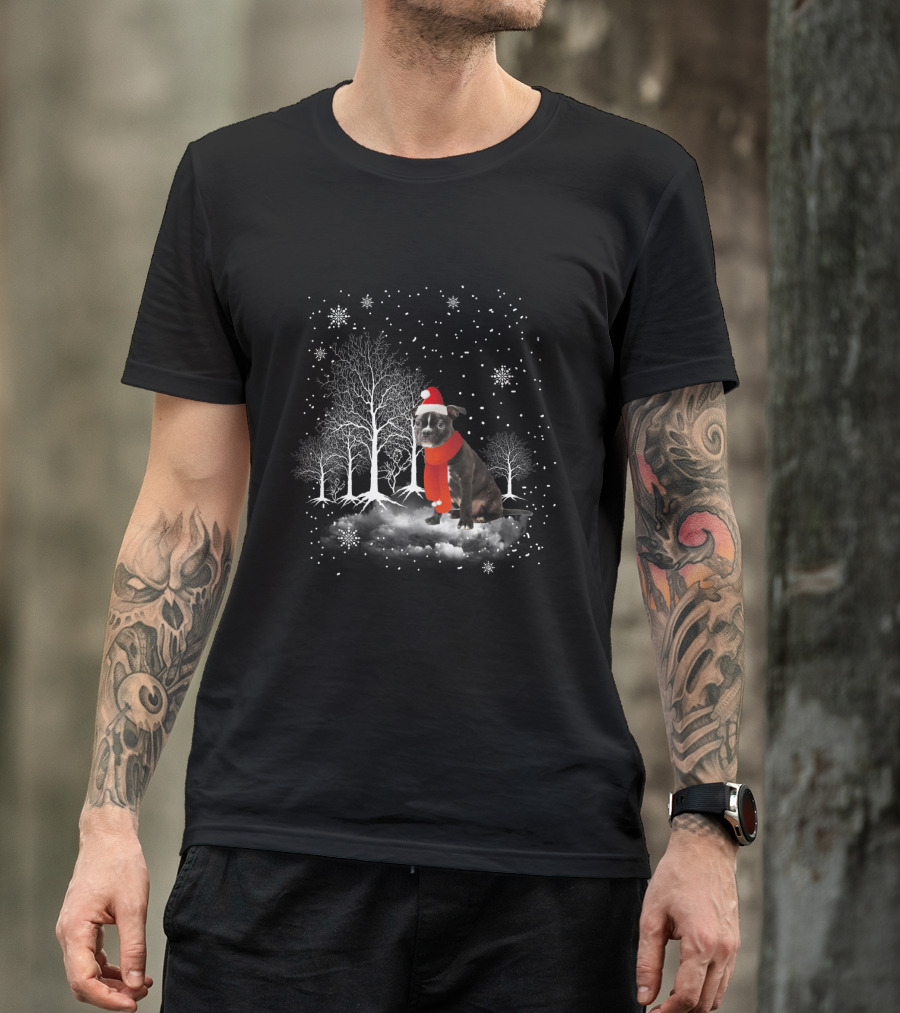 Boston Terrier In Snowy Winter Wonderland With Santa Hat And Scarf T-Shirt