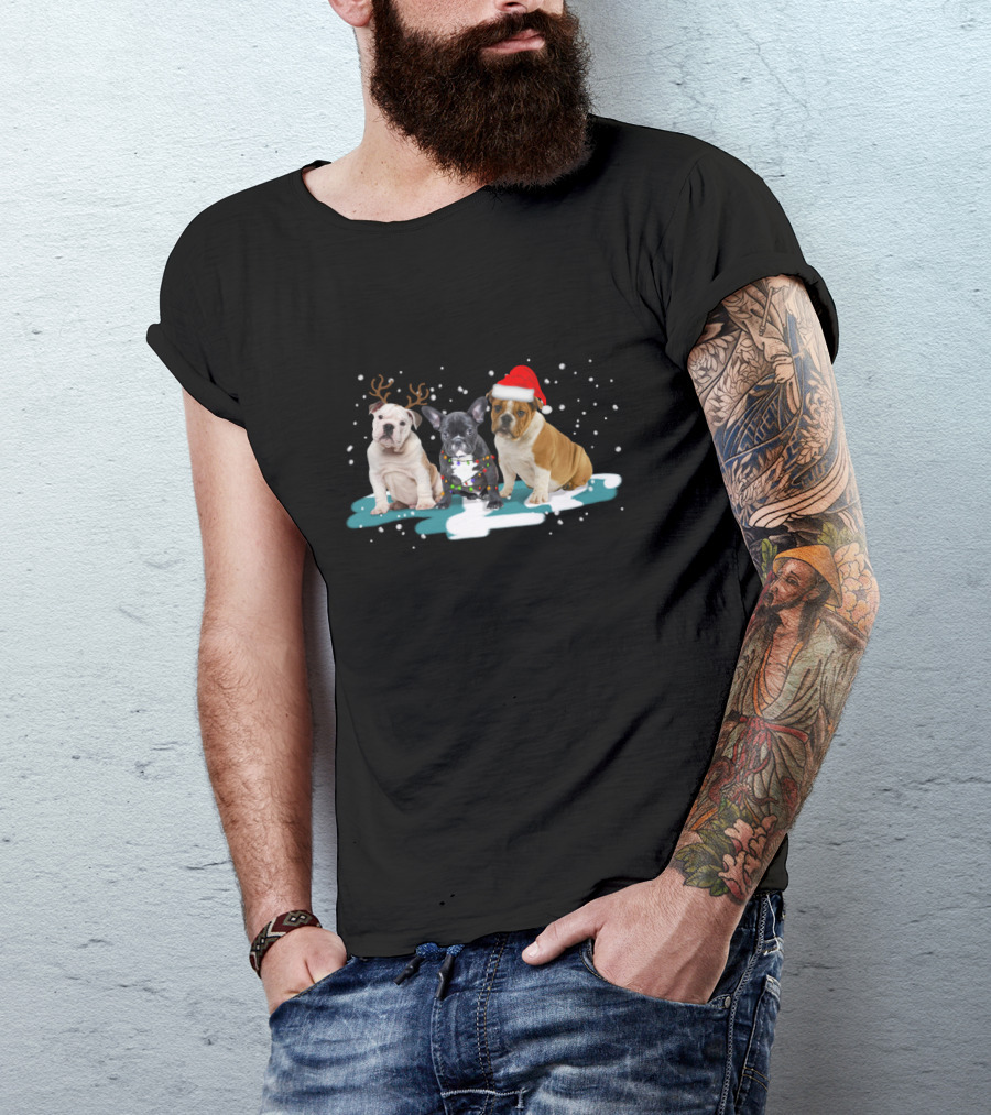 Bulldog Christmas With Reindeer Antlers And Santa Hat For Dog Lovers T-Shirt