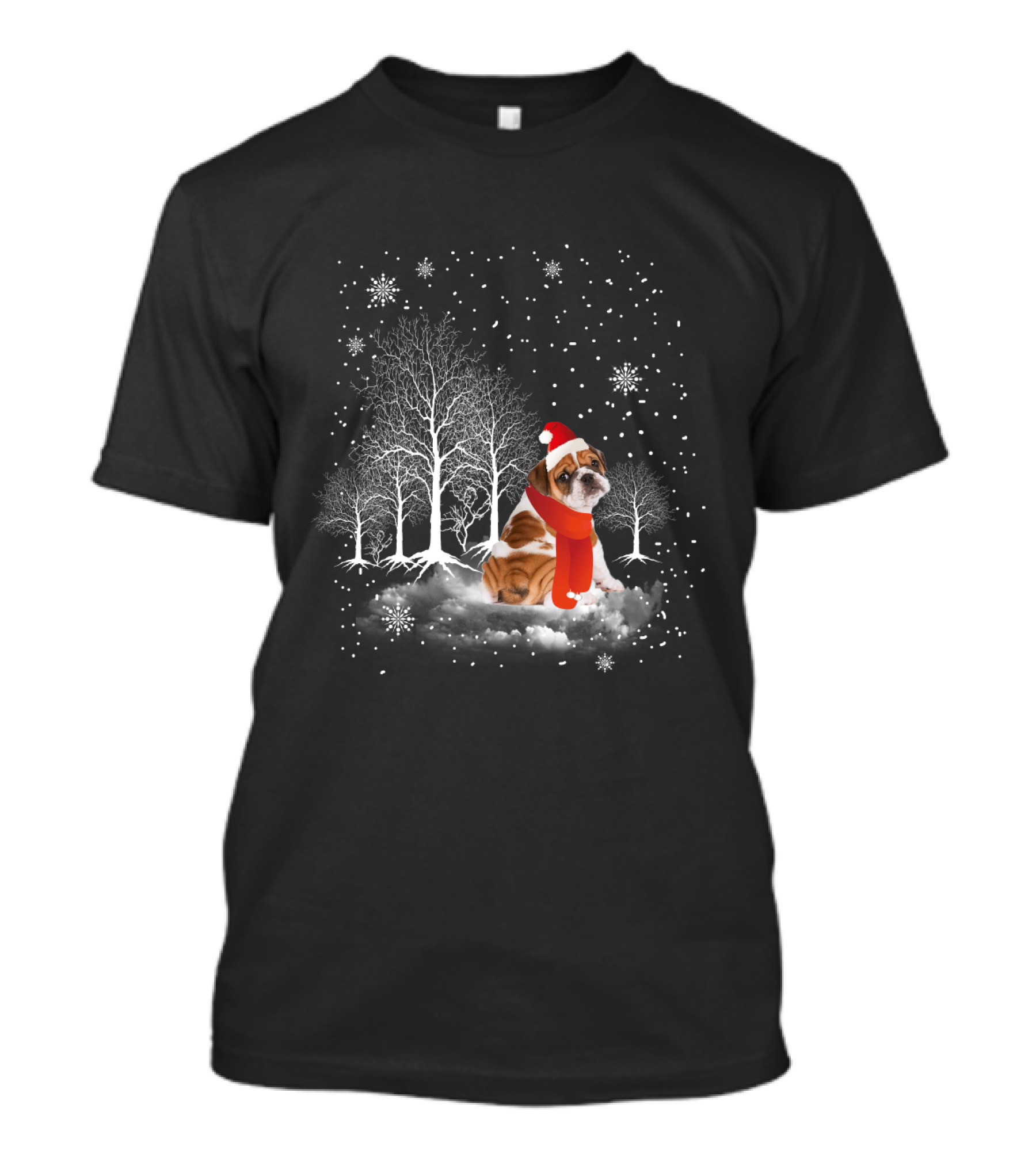 Bulldog In Snowy Forest With Santa Hat And Scarf Amidst Falling Snowflakes T-Shirt