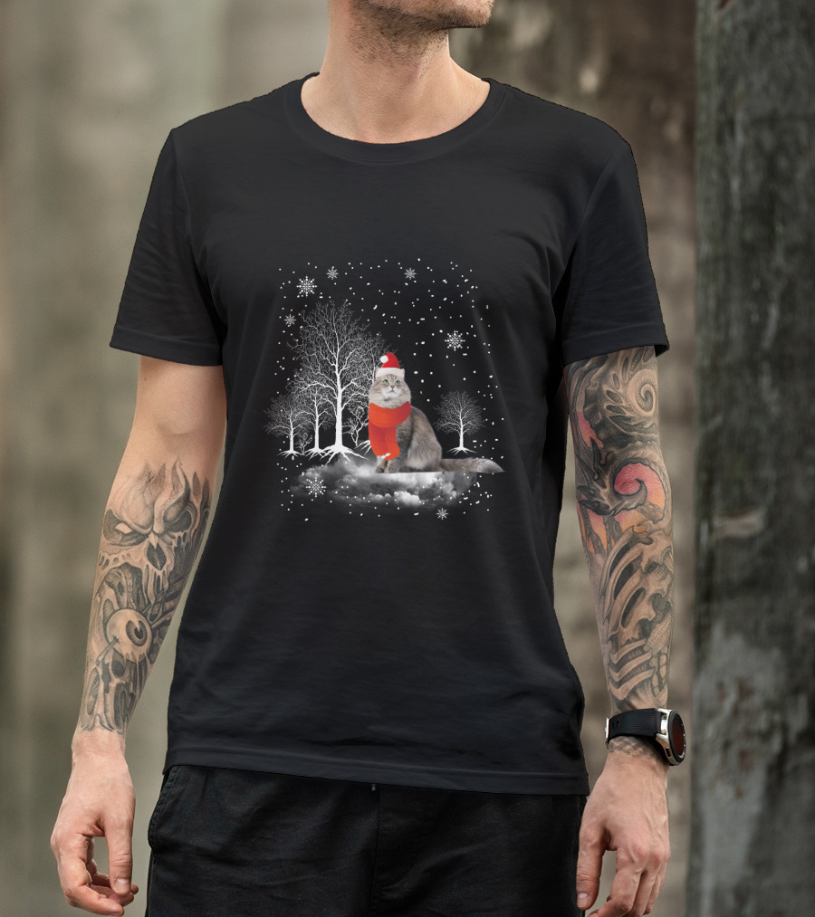 Cat In Snowy Winter Scene With Red Santa Hat And Scarf T-Shirt