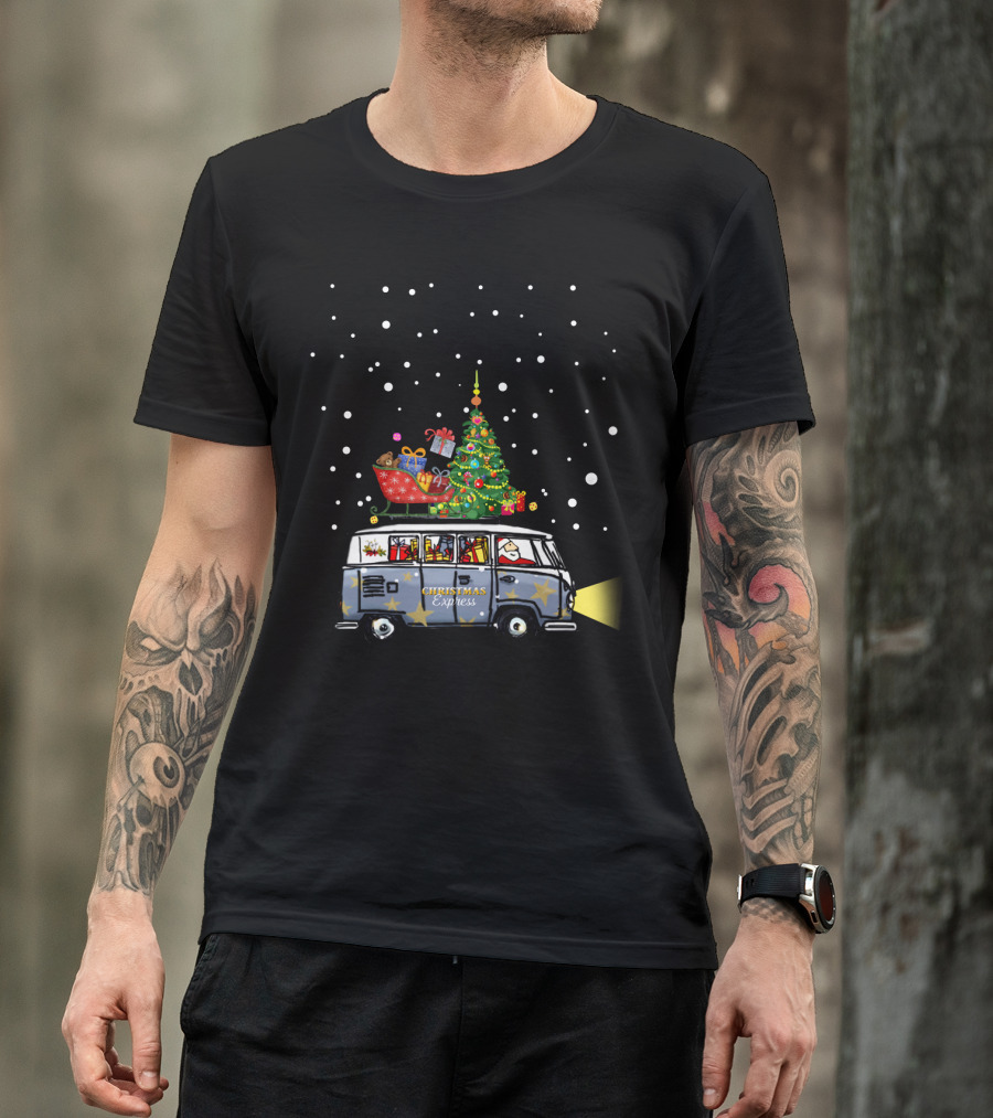 Christmas Express Van With Christmas Tree And Santa In Snowy Scene T-Shirt