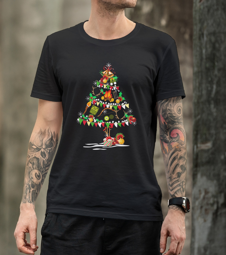 Holiday Deer Christmas Tree With Hunting Gear Ornaments And Festive Decorations T-Shirt
