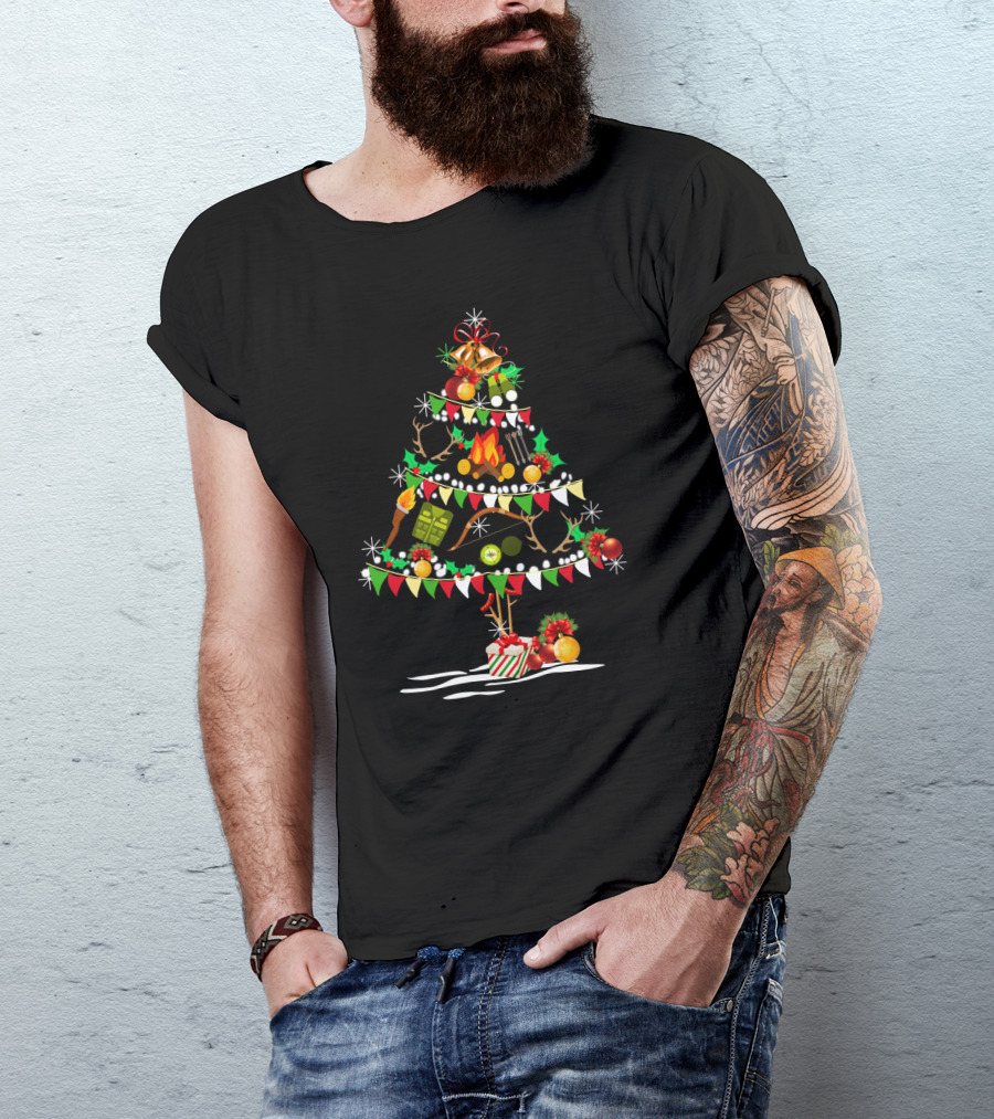 Holiday Deer Christmas Tree With Hunting Gear Ornaments And Festive Decorations T-Shirt