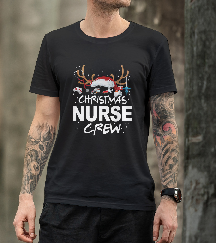 Christmas Nurse Crew With Santa Hat, Stethoscope, And Medical Icons T-Shirt