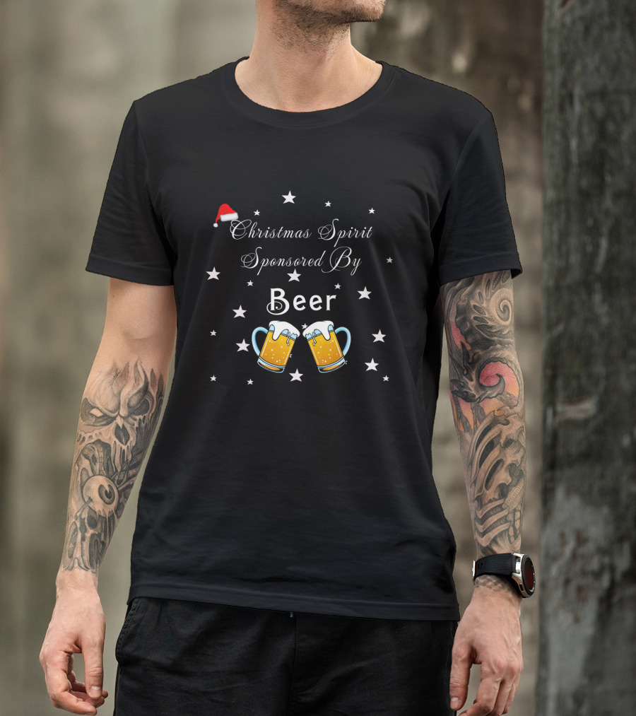 Christmas Spirit Sponsored By Beer With Santa Hat And Star Motif Featuring Beer Mugs T-Shirt