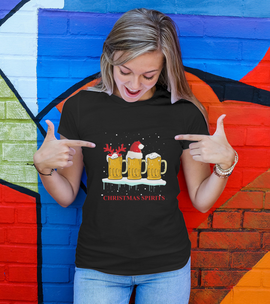 Christmas Spirits Beer Festive Mug Trio With Santa Hat And Reindeer Antlers T-Shirt
