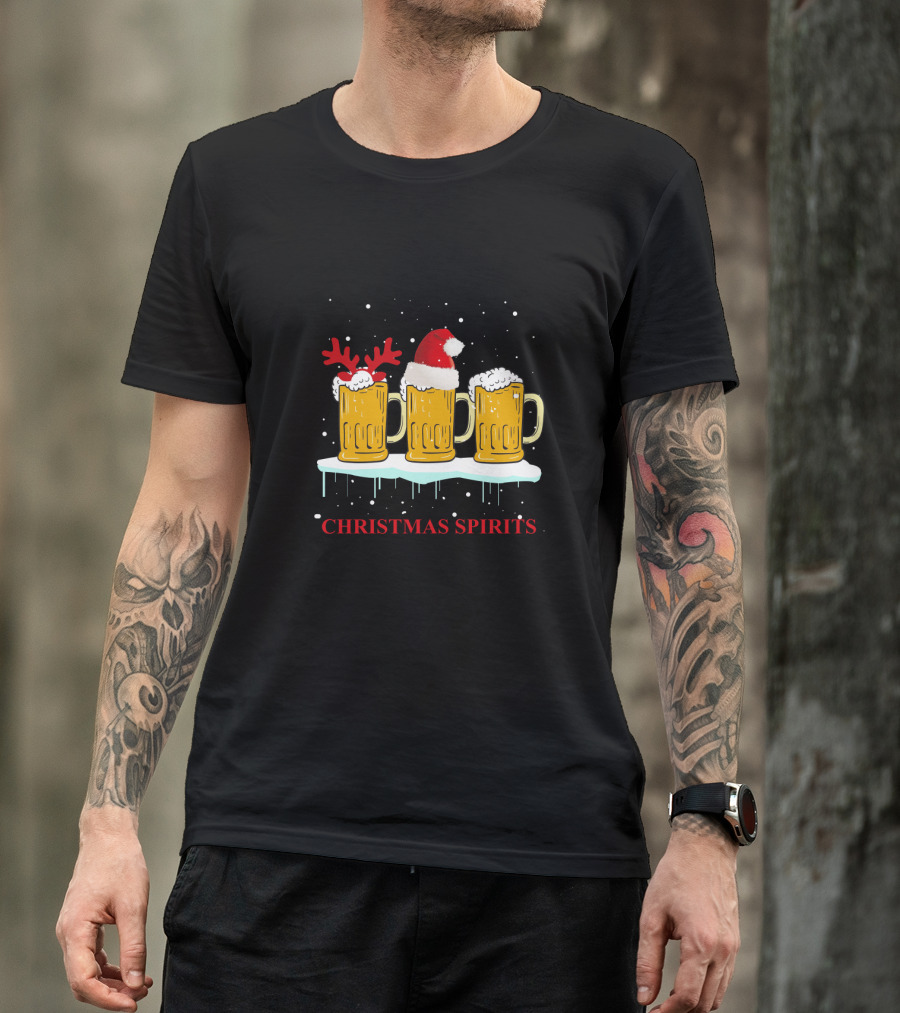 Christmas Spirits Beer Festive Mug Trio With Santa Hat And Reindeer Antlers T-Shirt