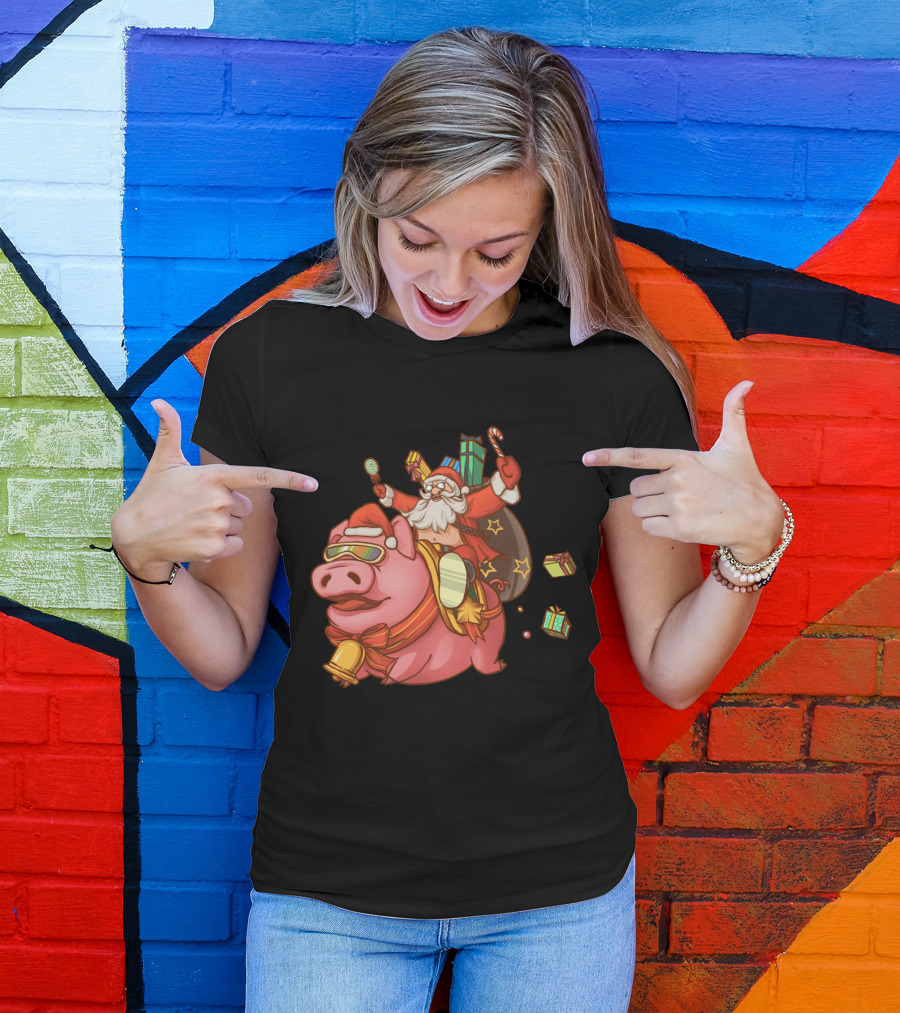 Santa Claus Riding Pig With Candy Canes And Christmas Gifts T-Shirt