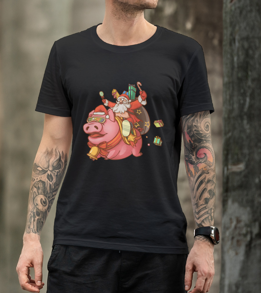 Santa Claus Riding Pig With Candy Canes And Christmas Gifts T-Shirt