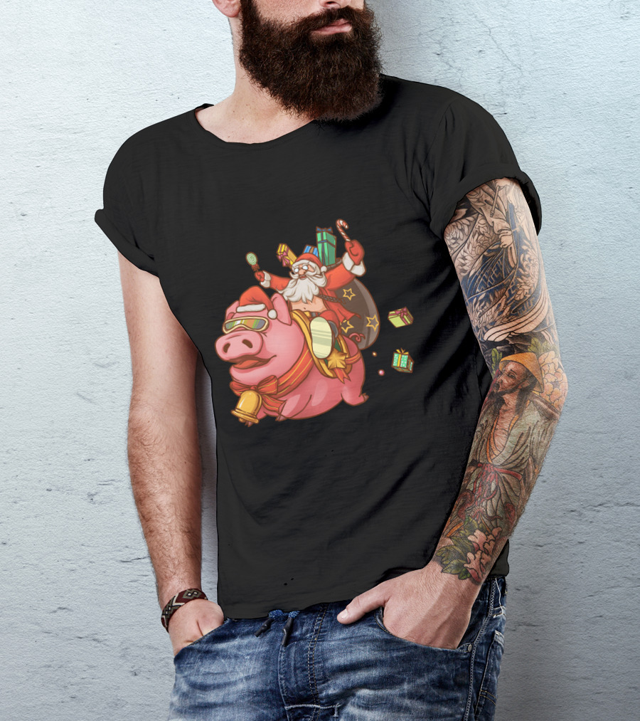 Santa Claus Riding Pig With Candy Canes And Christmas Gifts T-Shirt