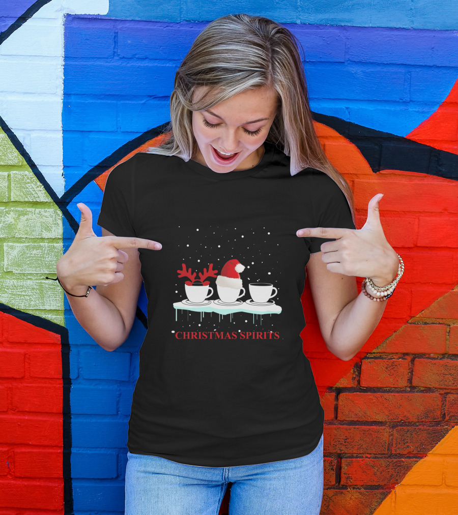 Christmas Spirits Coffee Cups Reindeer Antlers Santa Hat Snowflakes T-Shirt