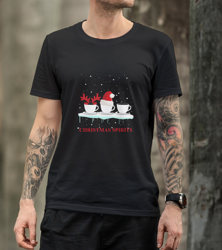 Christmas Spirits Coffee Cups Reindeer Antlers Santa Hat Snowflakes T-Shirt