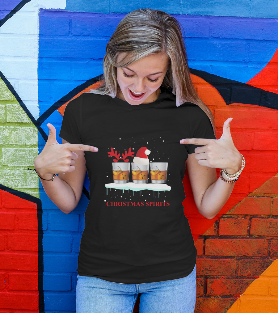 Christmas Spirits Whisky Glasses With Santa Hat And Reindeer Antlers T-Shirt