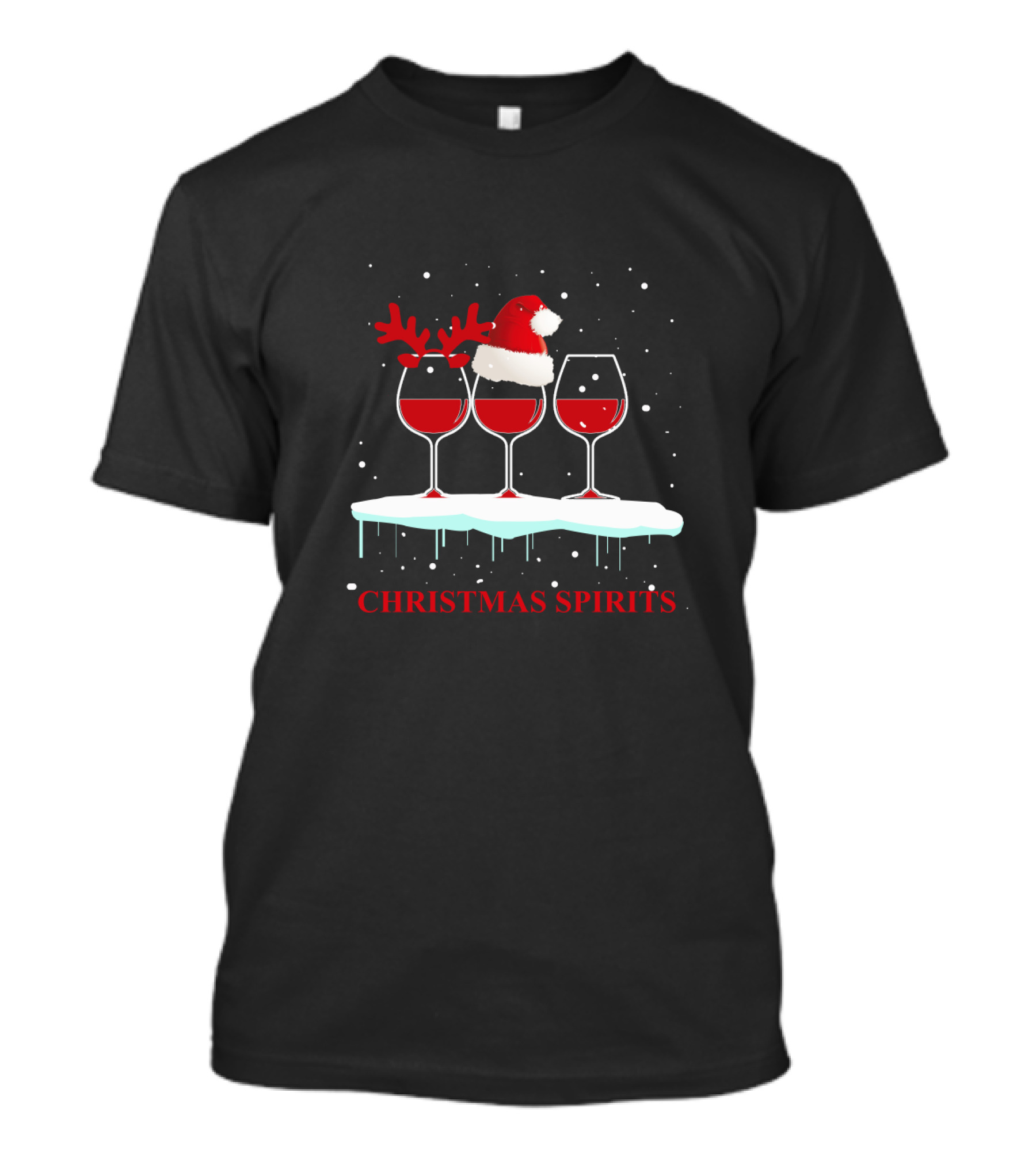 Christmas Spirits Wine Glasses Santa Hat Reindeer Antlers Snowflakes T-Shirt