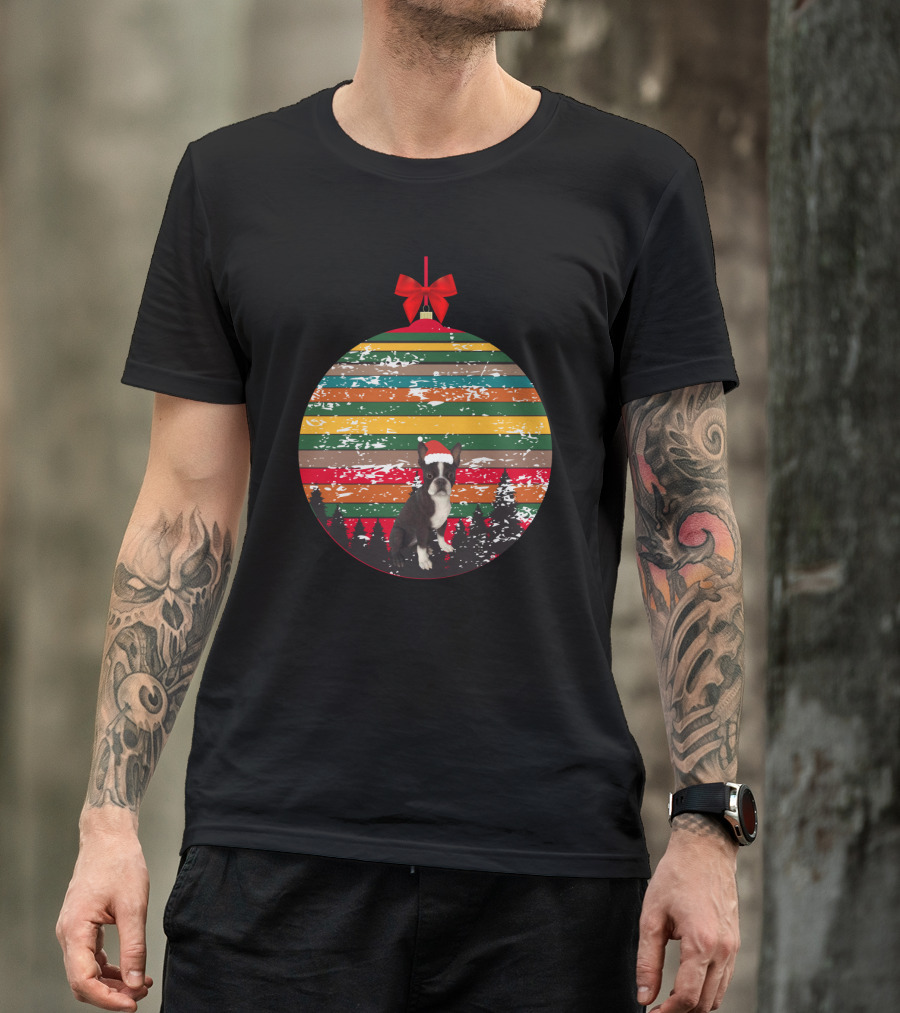 Christmas Boston Terrier Santa Hat Vintage Ornament Stripes Forest T-Shirt