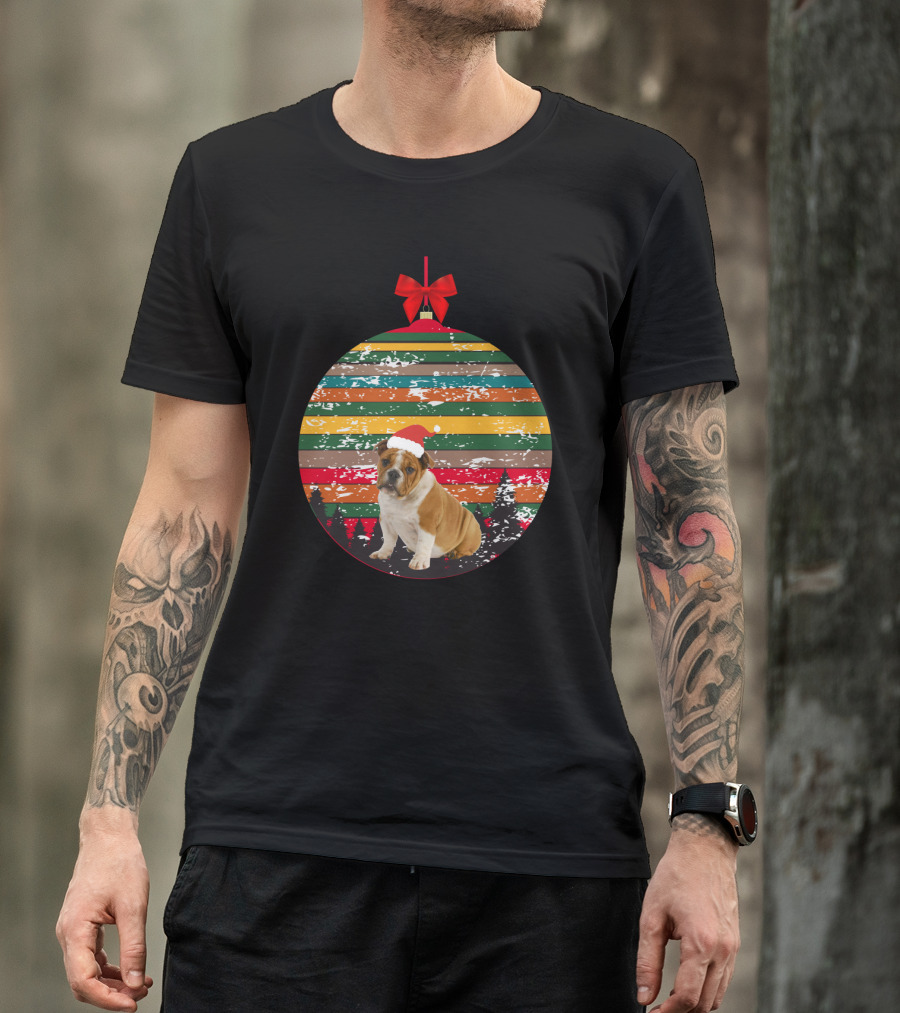 Vintage Christmas Bulldog Ornament Striped Santa Hat Forest Scene T-Shirt