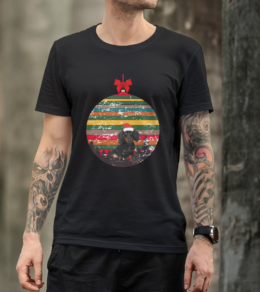 Christmas Dachshund In Vintage Festive Ornament With Santa Hat And Striped T-Shirt