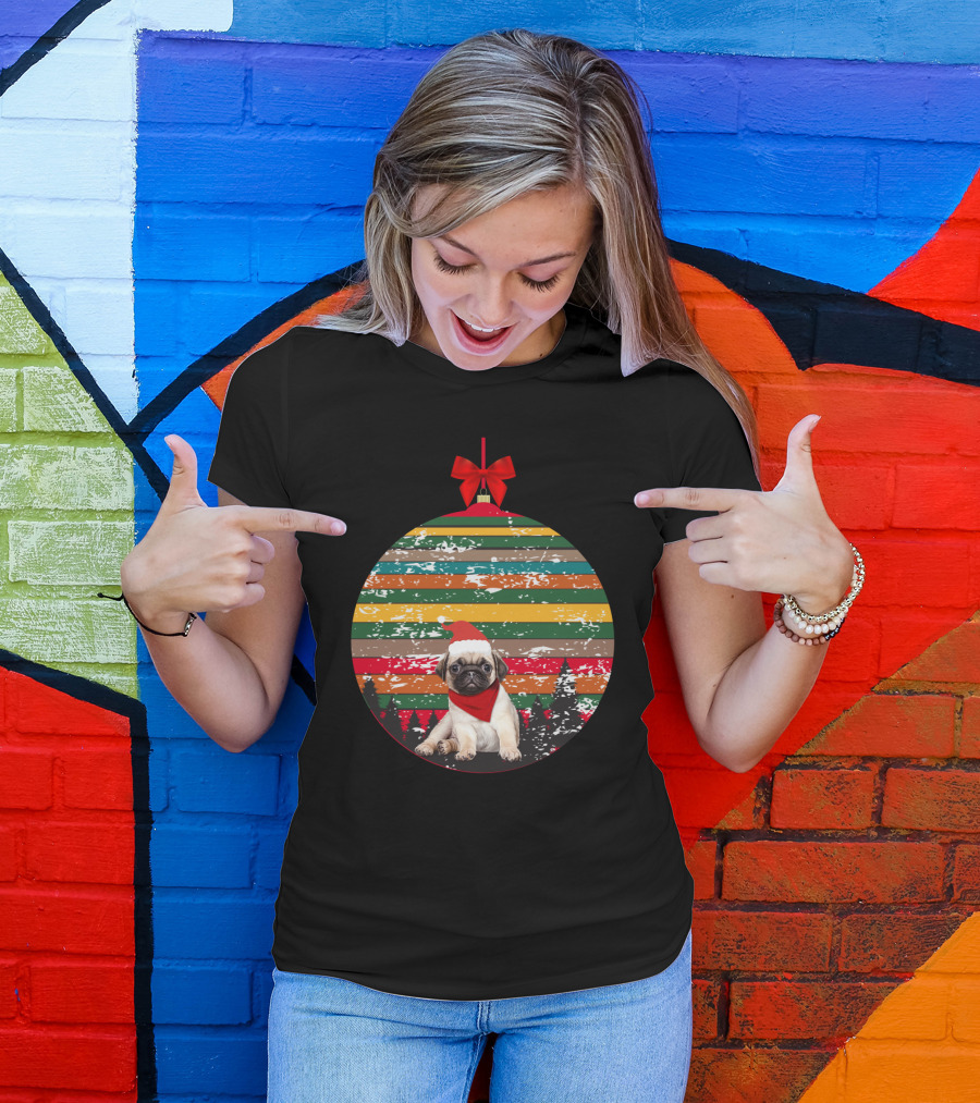 Festive Christmas Ornament With Vintage Pug And Striped Santa Hat And Scarf T-Shirt