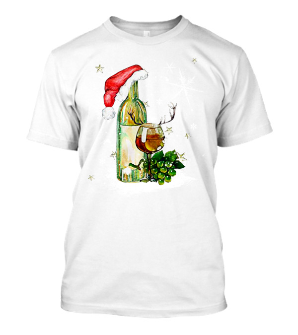 Santa Hat Wine Bottle With Antler Glass Christmas Grapes And Stars T-Shirt