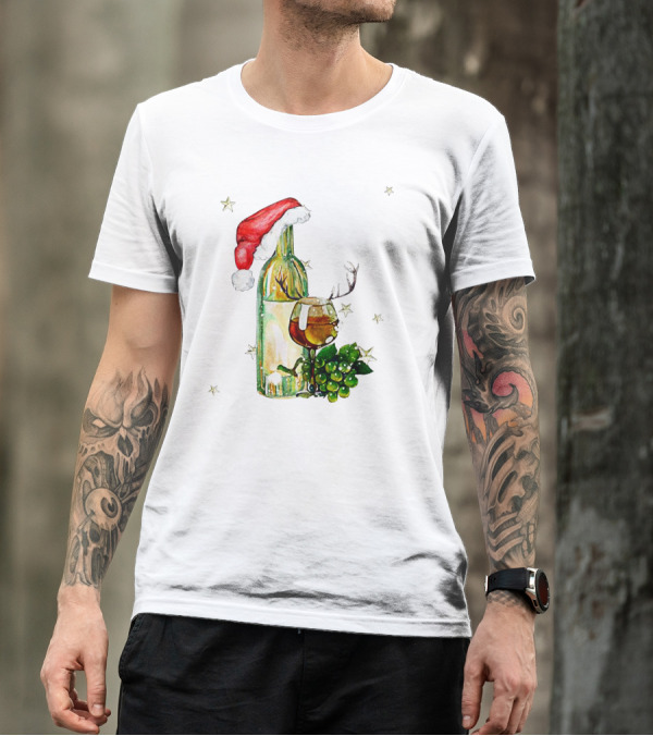 Santa Hat Wine Bottle With Antler Glass Christmas Grapes And Stars T-Shirt