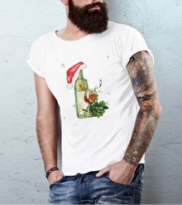 Santa Hat Wine Bottle With Antler Glass Christmas Grapes And Stars T-Shirt