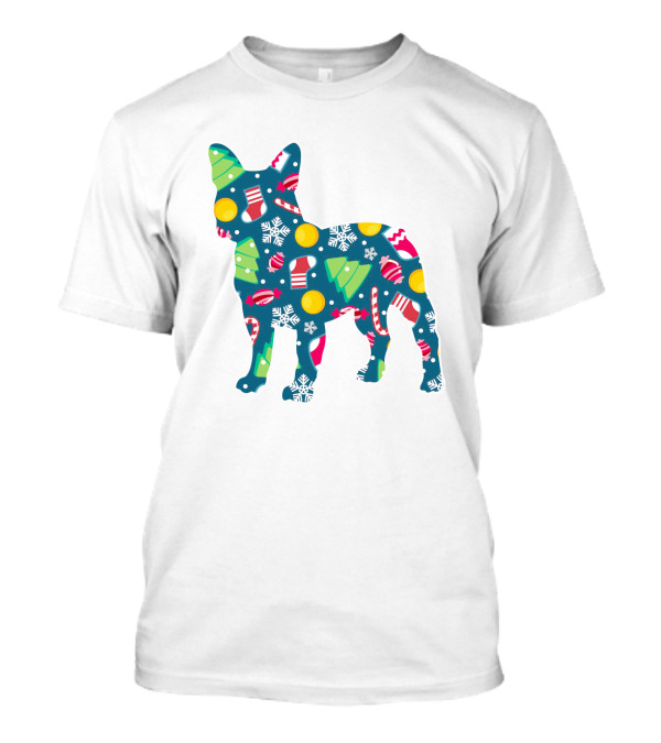 Dog Lover Christmas Frenchie Bulldog Pattern With Holiday Decorations T-Shirt