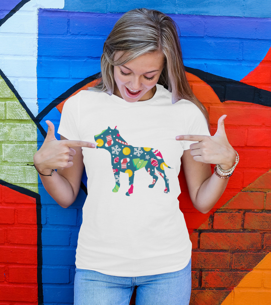 Dog Lover Christmas Pit Bull With Festive Floral And Holiday T-Shirt
