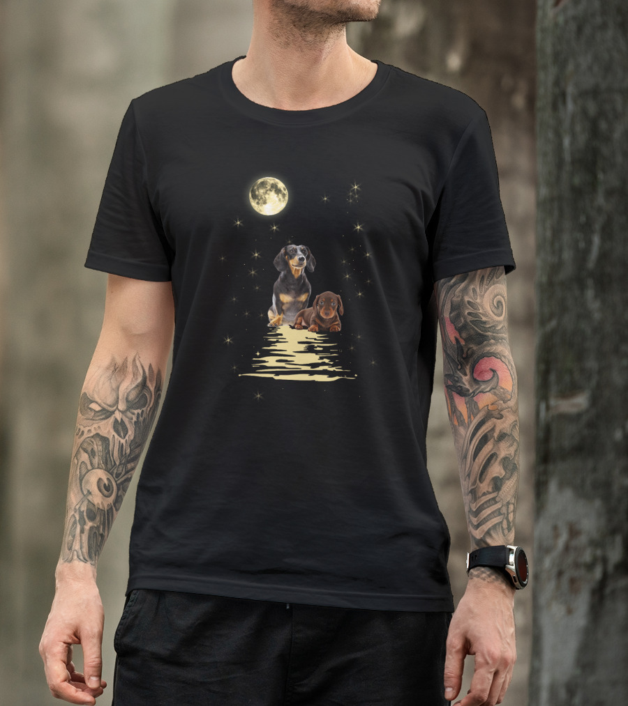 Dachshund Moonlight Reflections With Starry Night Sky T-Shirt